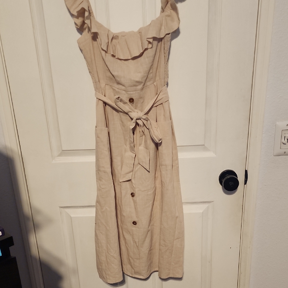 Off Shoulder Ruffled Belted Midi Dress in Beige